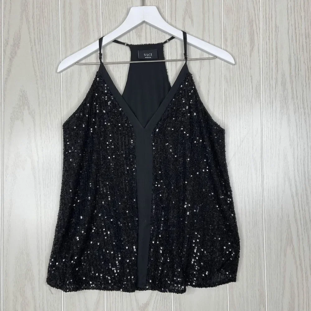 Vici Big Thing Sequin Racerback Tank Black Size Medium - Picture 2 of 5